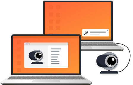 Dois laptops, um com uma webcam conectada e o outro exibindo a webcam e suas configurações.