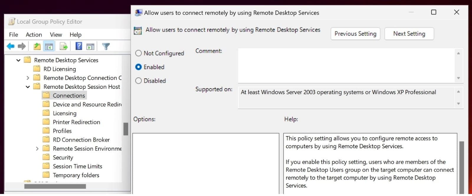  Remote Desktop Services enable