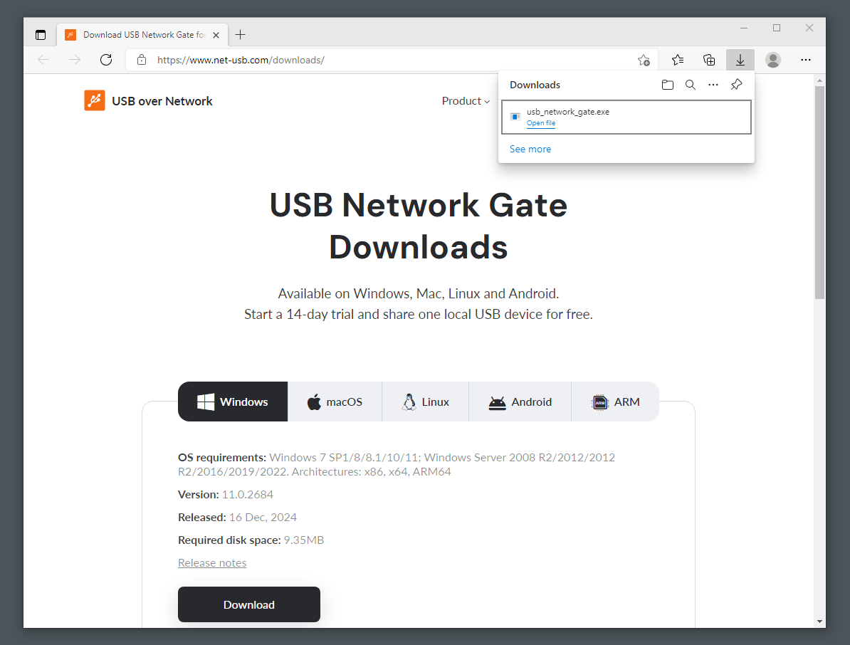 Download USB Network Gate both on the local computer and in the remote session