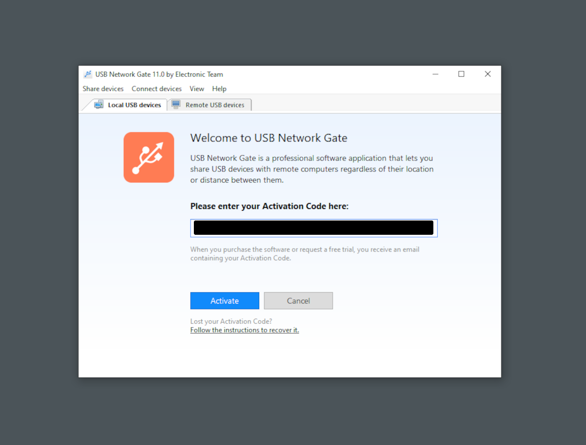 On your local computer, the one with connected devices you’re going to share, you’ll need to activate USB Network Gate