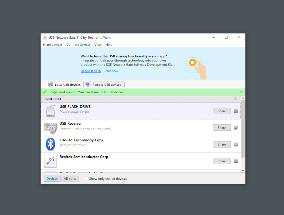 You can immediately share a device by opening the “Local USB devices” tab and pressing “Share” next to the device name.