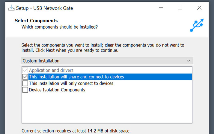 USB Network Gate installation settings - a complete install is selected for the host  USB Network Gate installation settings - a complete install is selected for the host