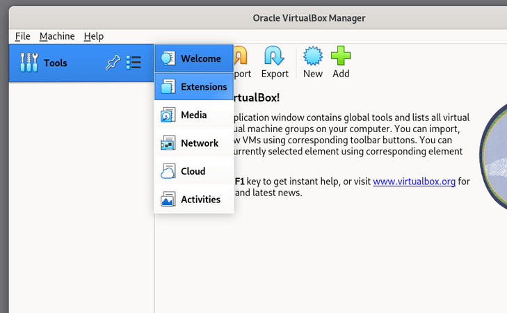 Using the Tools menu to open Extensions in the VirtualBox Manager Using the Tools menu to open Extensions in the VirtualBox Manager