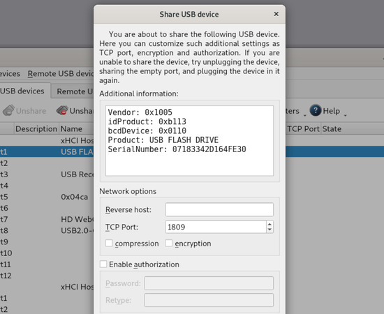  Setting up various options before sharing USB device