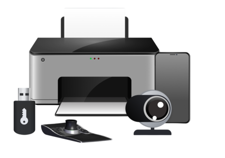 An assortment of USB devices, including a printer, a flash drive, a 3D mouse, a webcam, and a smartphone.