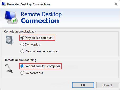 Remote Desktop Connection - Audio Settings