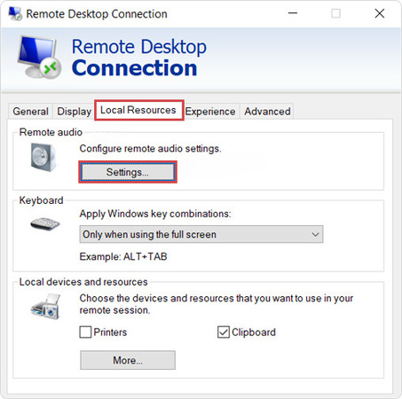 Remote Desktop Connection - Local Resources Tab
