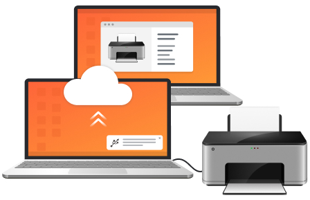 Dois laptops. O laptop em primeiro plano tem uma impressora conectada e está conectado à nuvem. O laptop em segundo plano mostra a impressora em sua tela.
